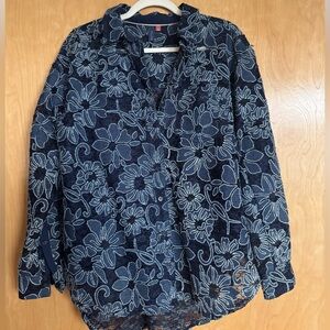 PILCRO Anthropologie Navy Floral Lace Blouse | Sheer Romantic Top